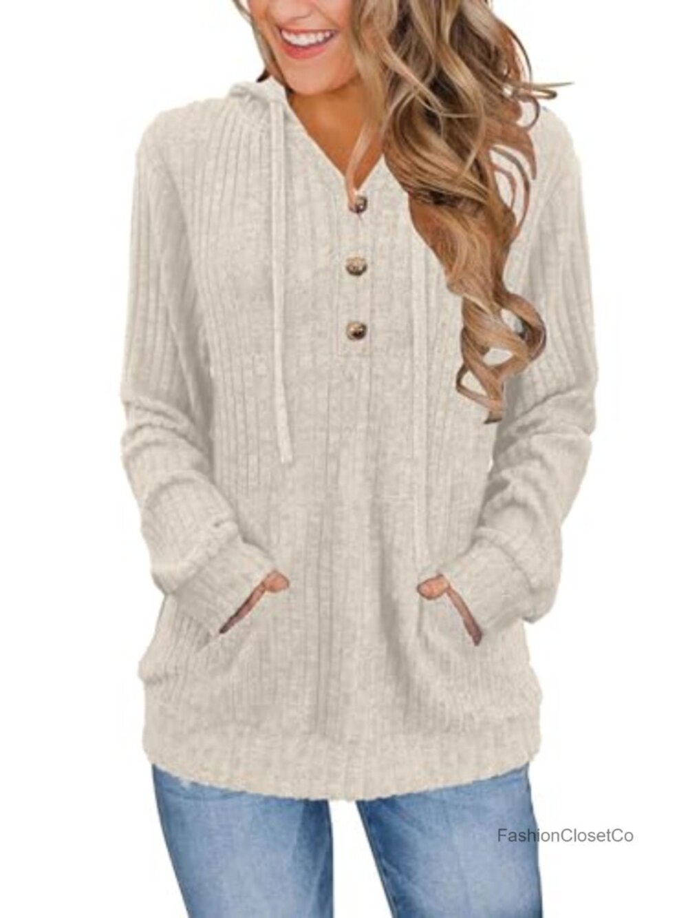 Women's Hooded Sweater Pullover Henley Neck Fleece with Pocket